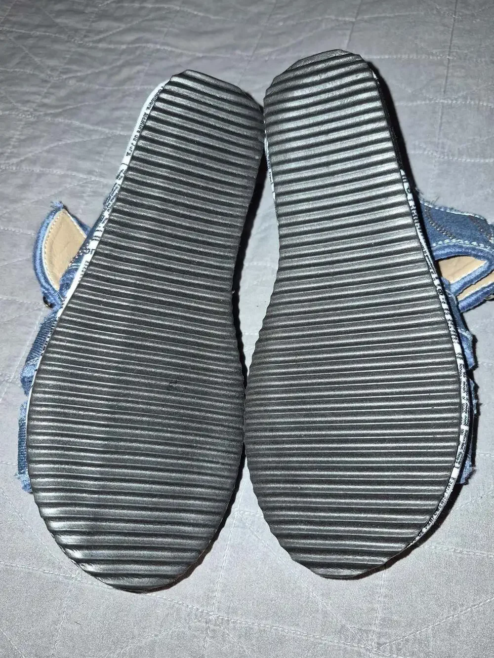Women's Denim and Newspaper Print Platform Wedge Sandals with Buckle Strap